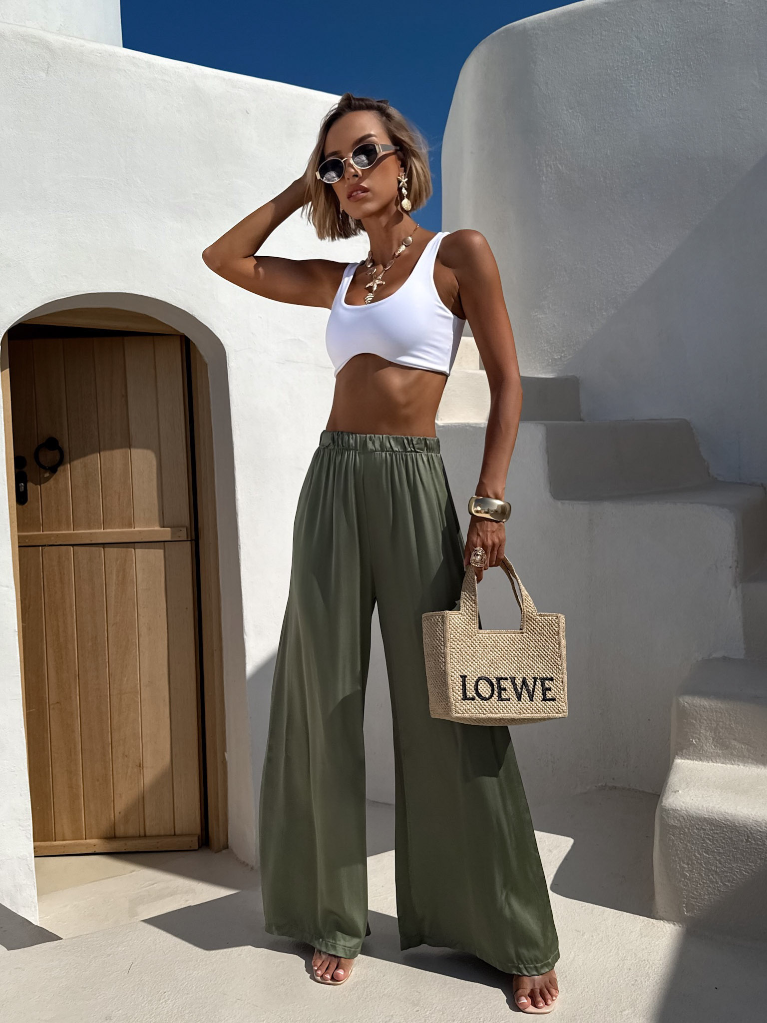 Khaki saténové dlouhé široké kalhoty SITAKE Velikost: Prodloužená délka - Obrázek 2