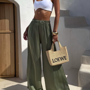 Khaki saténové dlouhé široké kalhoty SITAKE Velikost: Prodloužená délka