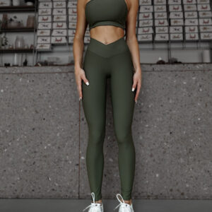 Khaki sportovní dlouhé žebrované legíny TONKA Velikost: L