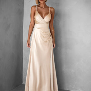 Krémové dlouhé saténové šaty ARANKA s výstřihem Velikost: ONESIZE
