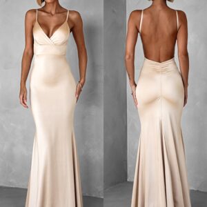 Krémové dlouhé saténové šaty MARSELLE s odhalenými zády Velikost: ONESIZE
