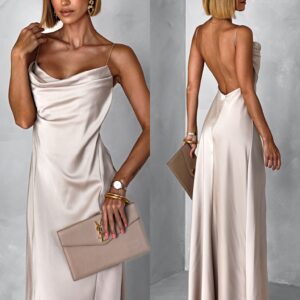 Krémové dlouhé saténové šaty UNUTA na ramínka Velikost: ONESIZE