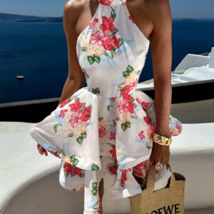 Krémové květinové krátké šaty FLORENY s volány Velikost: ONESIZE