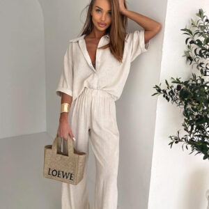 Krémový 100% lněný kalhotový košilový komplet ORIANA Velikost: ONESIZE