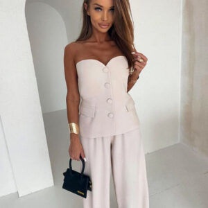 Krémový elegantní kalhotový komplet SANARI s korzetem Velikost: M