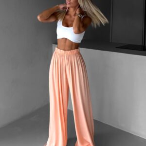 Meruňkové široké volné dlouhé kalhoty OLVIRA Velikost: Prodloužená délka