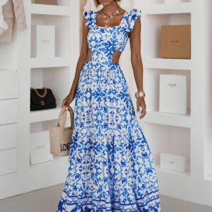 Modré dlouhé lehké letní šaty MODORO s průstřihy Velikost: ONESIZE