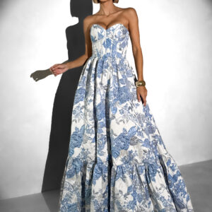 Modré společenské dlouhé šaty VENOLIA s květinovým vzorem Velikost: XL