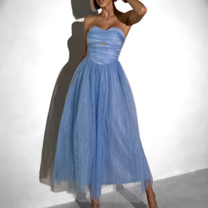 Modré společenské tylové midi šaty SOLAVIE Velikost: L