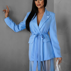 Modré stylové zavazovací sako ZENARA s páskem Velikost: ONESIZE