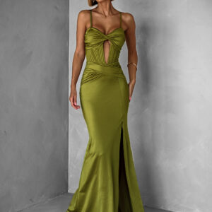 Olivové dlouhé společenské šaty LIMONA s rozparkem Velikost: ONESIZE