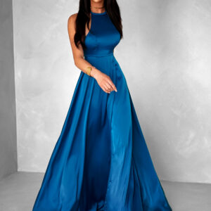 Petrolejové dlouhé saténové šaty HAMBUR s rozparkem Velikost: ONESIZE