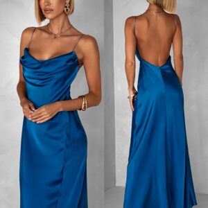Petrolejové dlouhé saténové šaty UNUTA s odhalenými zády Velikost: ONESIZE