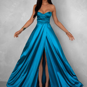 Petrolejové saténové dlouhé společenské šaty SYCHAEUS bez ramínek Velikost: ONESIZE