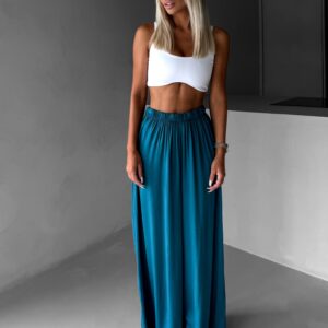 Petrolejové široké volné dlouhé kalhoty OLVIRA Velikost: Standardní délka