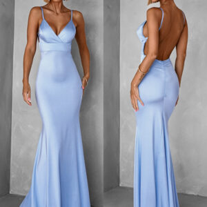 Pomněnkové dlouhé saténové šaty MARSELLE s odhalenými zády Velikost: ONESIZE