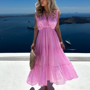 Růžové bavlněné letní dlouhé šaty MARISE Velikost: ONESIZE