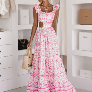 Růžové dlouhé lehké letní šaty MODORO s průstřihy Velikost: ONESIZE