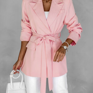 Růžové stylové zavazovací sako ZENARA s páskem Velikost: ONESIZE