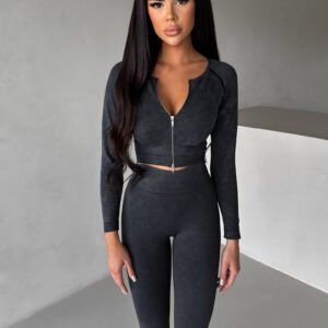 Šedá washed sportovní crop top mikina BRAVOS Velikost: L