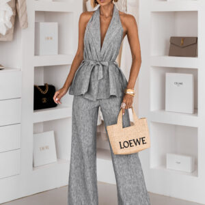 Šedý elegantní kalhotový dlouhý komplet OLENIRI Velikost: ONESIZE