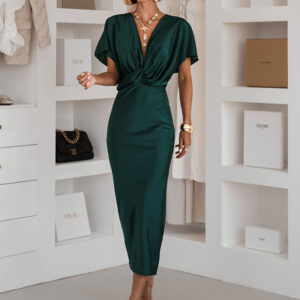 Smaragdové saténové midi šaty MIRIAM s krátkým rukávem Velikost: ONESIZE