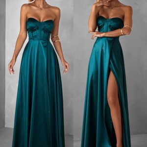 Smaragdové saténové společenské dlouhé šaty GYBRAL s korzetem Velikost: ONESIZE