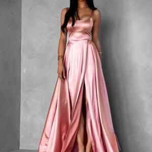 Starorůžové dlouhé saténové šaty HELSIN s výstřihem Velikost: ONESIZE