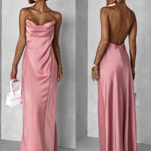 Starorůžové dlouhé saténové šaty UNUTA s odhalenými zády Velikost: ONESIZE