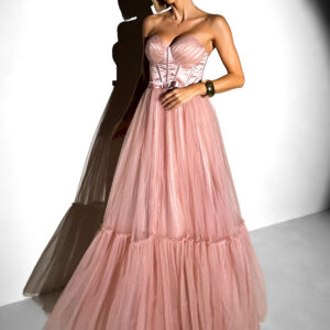 Starorůžové plesové společenské tylové šaty DELARIL s mašlí Velikost: L