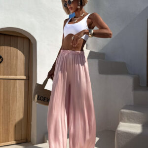 Světle růžové dlouhé saténové široké kalhoty SITAKE Velikost: Extra délka