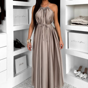 Tmavě béžové dlouhé lesklé šaty MADES se zavazováním Velikost: ONESIZE