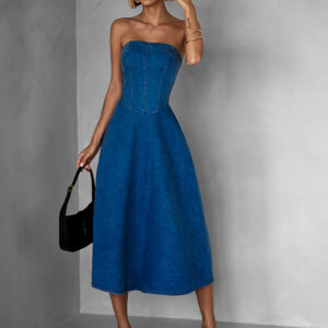 Tmavě modré džínové dlouhé šaty JEROME bez ramínek Velikost: ONESIZE