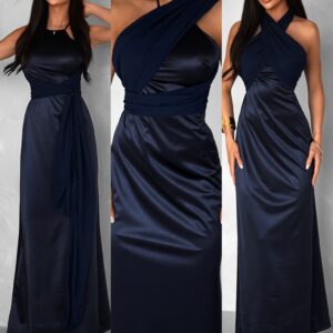 Tmavě modré variabilní dlouhé saténové šaty BOLZANO Velikost: ONESIZE