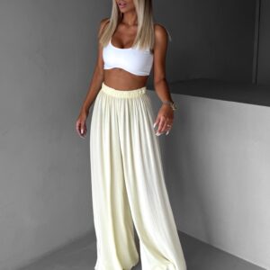 Vanilkové široké volné dlouhé kalhoty OLVIRA Velikost: Standardní délka