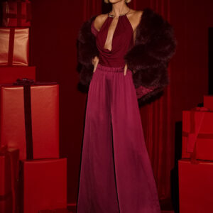 Vínové saténové dlouhé široké kalhoty SITAKE Velikost: Extra délka