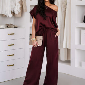 Vínové široké saténové kalhoty PULSINA Velikost: ONESIZE