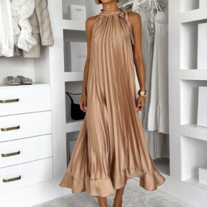 Zlaté saténové dlouhé plisované šaty EKULY Velikost: ONESIZE