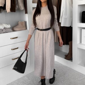 Béžové stylové maxi dlouhé mikinové šaty RAVONI Velikost: L/XL