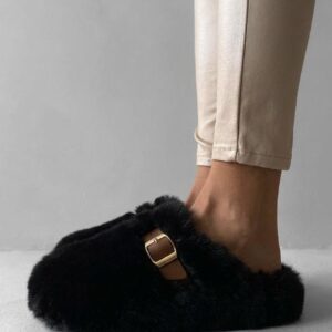 Černé huňaté pantofle FLUFFIES s páskem Velikost: 40