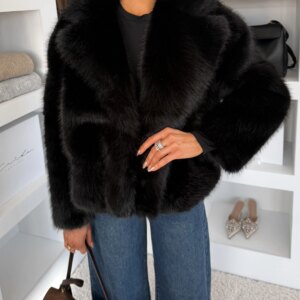 Černý faux fur kožešinový krátký kabátek MORVEN Velikost: ONESIZE