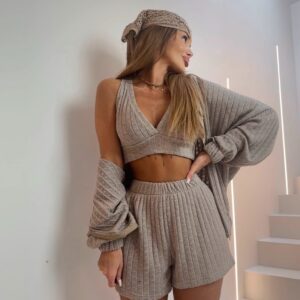 Hnědý vlněný letní elegantní třídílný komplet ITALIAN Velikost: ONESIZE