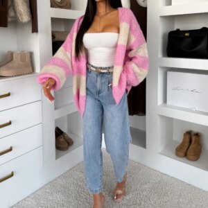 Růžový pletený pruhovaný oversize cardigan GRENTO Velikost: ONESIZE