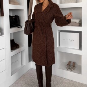 Tmavě hnědý elegantní dlouhý kabát CLERINE Velikost: ONESIZE