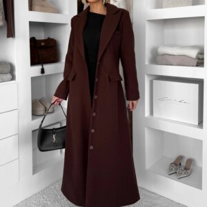 Tmavě hnědý vypasovaný dlouhý elegantní kabát SAVOIA Velikost: ONESIZE