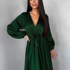 Tmavě zelené elegantní šaty WOMAN s dlouhým rukávem Velikost: ONESIZE