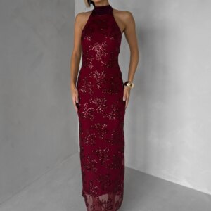Vínové společenské dlouhé šaty VELVET s flitry Velikost: ONESIZE